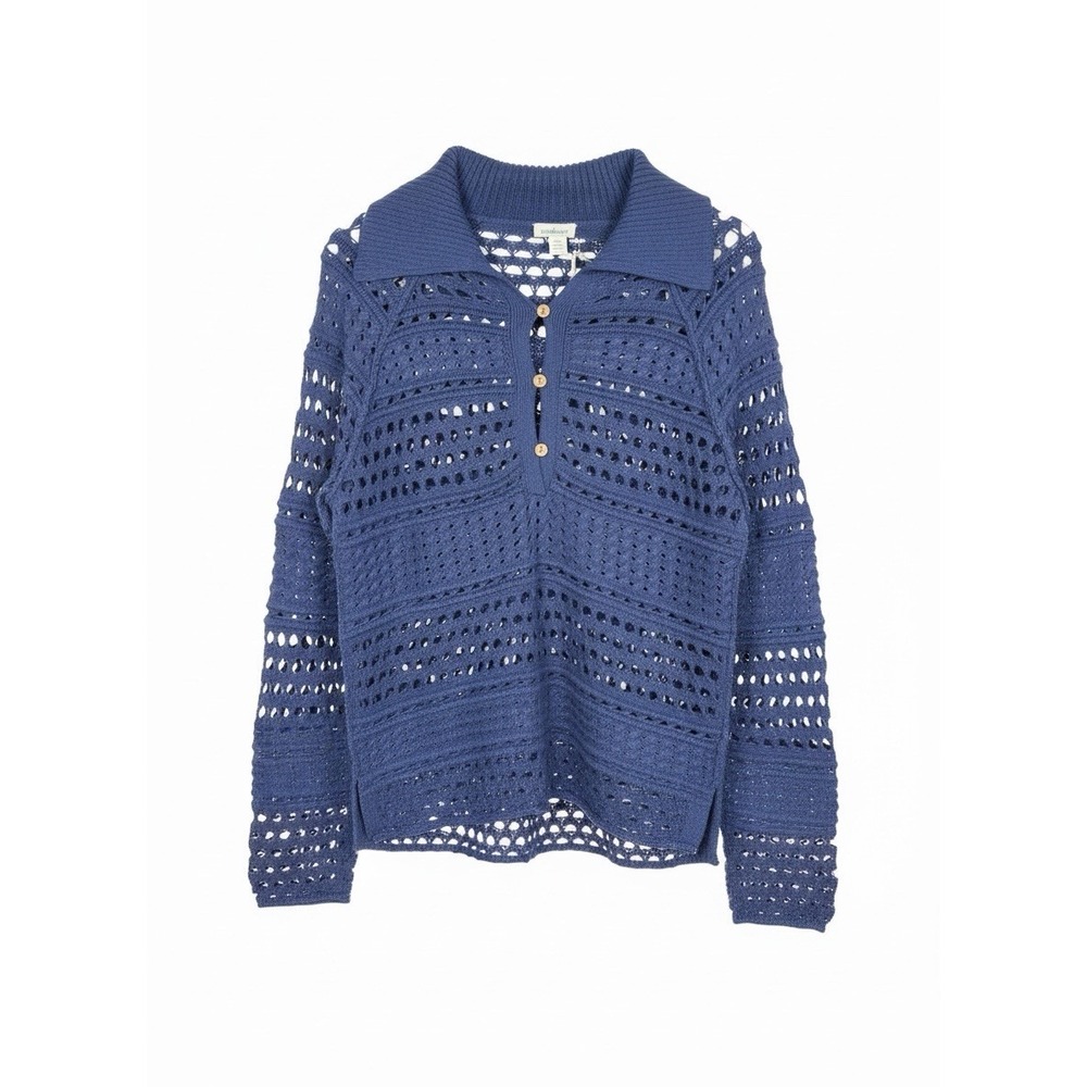 Sundance Size Small Nayumi Open Knit Crochet Collared 3 Button Navy Blue Sweater